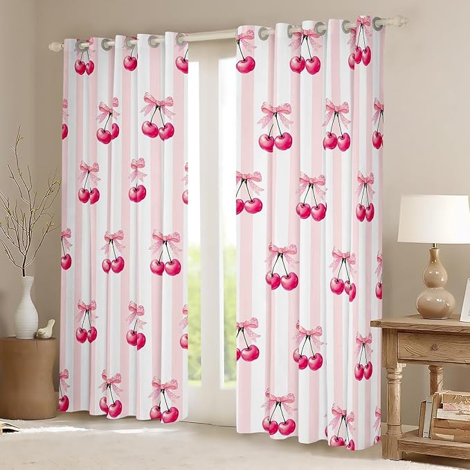 Feelyou Pink Girls Bow Curtains for Bedroom Living Room (2 Panels, 38 x 45 Inch) Kawaii Cherry Prints Darkening Dreapes Boys Teens Decor Bow Blackout Curtains Cute Bowknot Window Treatments