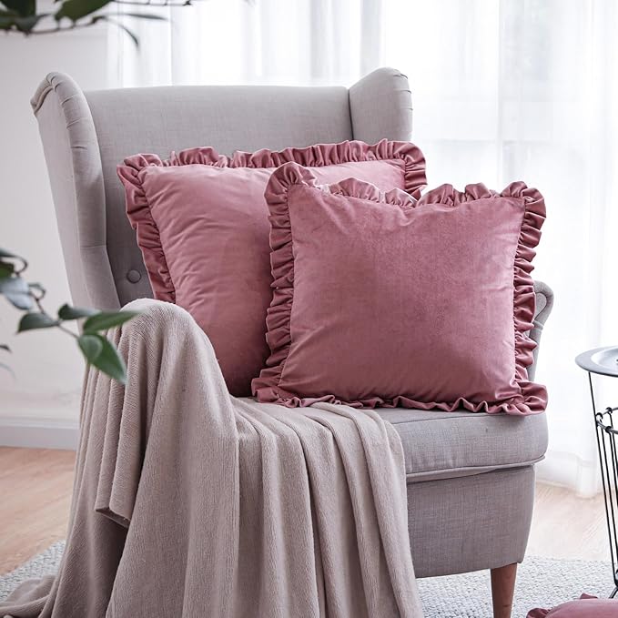 ISAENNE Vintage Dark Peach Square Throw Pillow Covers 22"x22" Set of 2, Solid Color Farmhouse Velvet Decoration Pillow Cover with Ruffles,Throw Pillow Case for Couch Sofa Bed Living Room Car