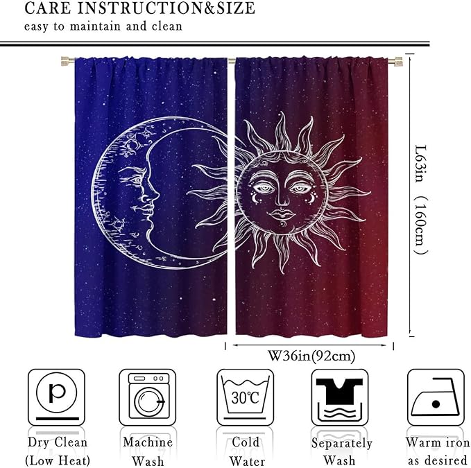 Sun Moon Blackout Windows Curtains, Burning Sun Moon Red Blue Cosmic Galaxy Bohemian Curtains, for Living Room Bedroom 72x63in 2 Panels