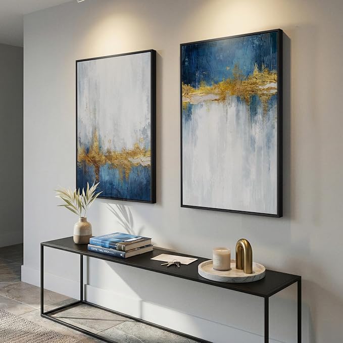 Framed Blue and White Abstract Wall Art for Living Room, Set of 2 Large Gold Modern Luxury Canvas Artwork for Walls, Contemporary Minimalist Painting Print Wall Decor for Bedroom Office, 24x36 Inch