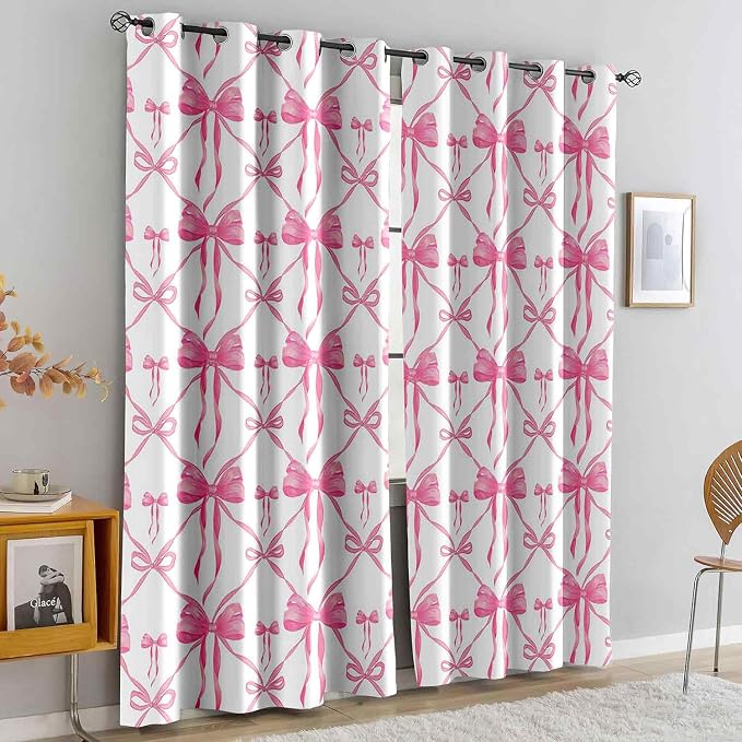 LUVIVIHOME Pink Bow Curtains, Cute Preppy Coquette Blackout Curtains for Girls Bedroom Living Room, Modern Aesthetic Bowknot Girly Room Decor, Grommet Window Drapes 2 Panel Sets, 42x63 Inch