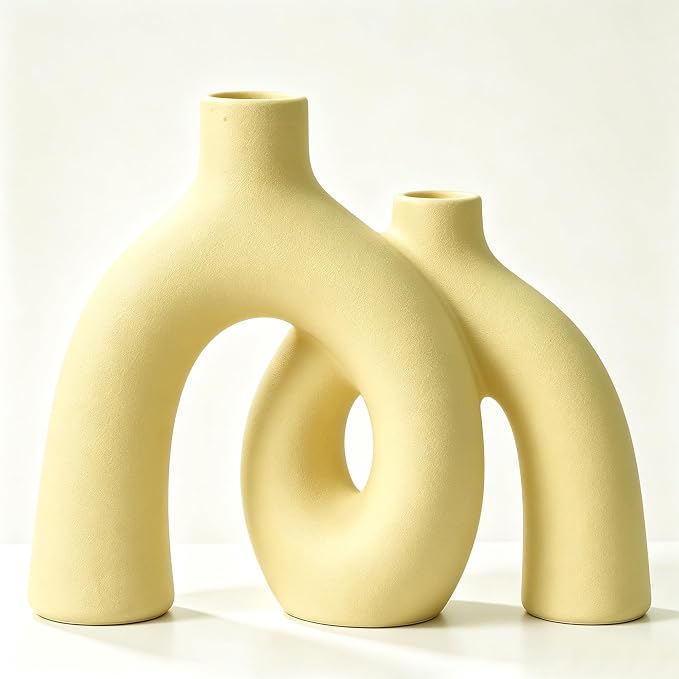 Hug Donut Decorative Vase Set - Beige Vase, Modern Nordic Boho Style Vases Home Decor, Matte Ceramic Decorations for Living Room Shelf, Bookshelf Mantle Entryway Table or Console Décor (Beige)
