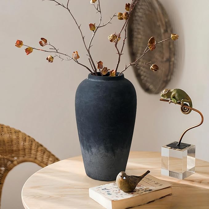 Ceramic Rustic Farmhouse Vase, 12 Inch Black Handmade Pottery Flower Vase for Home Decor, Rustic Living Room Decor, Wedding Gifts, Shelf & Table Decoration