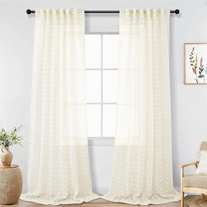 DANCURTON Sheer Curtains 102 Inches Long Cream Ivory Pom Pom Sheers Living Room Bedroom Curtain Transparent Voile Window Treatments Drapes Lovely Boho Shabby Chic Decor 2 Panels Sets Back Tab 52x102