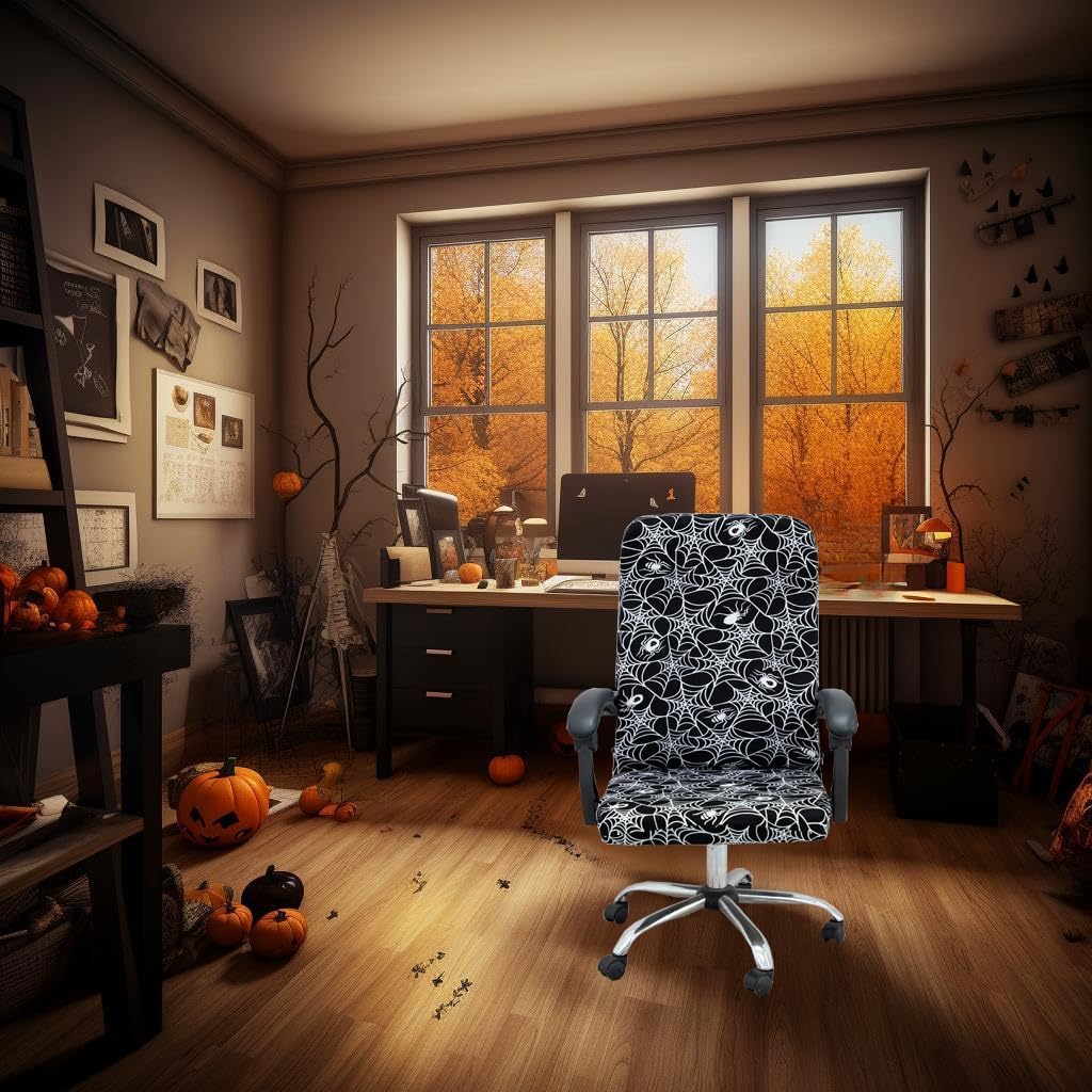Halloween Office Chair Covers Gothic Spider Web Spooky Spider on Black Horror Theme Print Stretchable Slipcover for Modern Simplism Style High Back Boss Chair (No Chair)(Halloween02, M)…