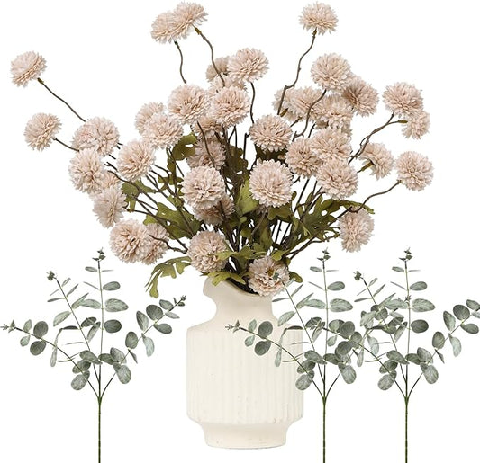 DuHouse Faux Flowers for Vase Kiku 8 Stems & 3 Eucalyptus,Fake Flowers Stems for DIY Wedding Bouquets Centerpieces Vase Home Table Kitchen Decorations