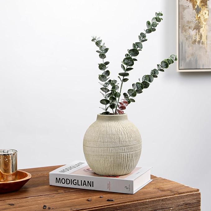 7" Short Round Clay Vase with Vertical Engravings Texture, Sand-Grain Tactile, Wide Ceramic Vase for Cafe Centerpiece Decor, Bohemian Style, Small & Beige White