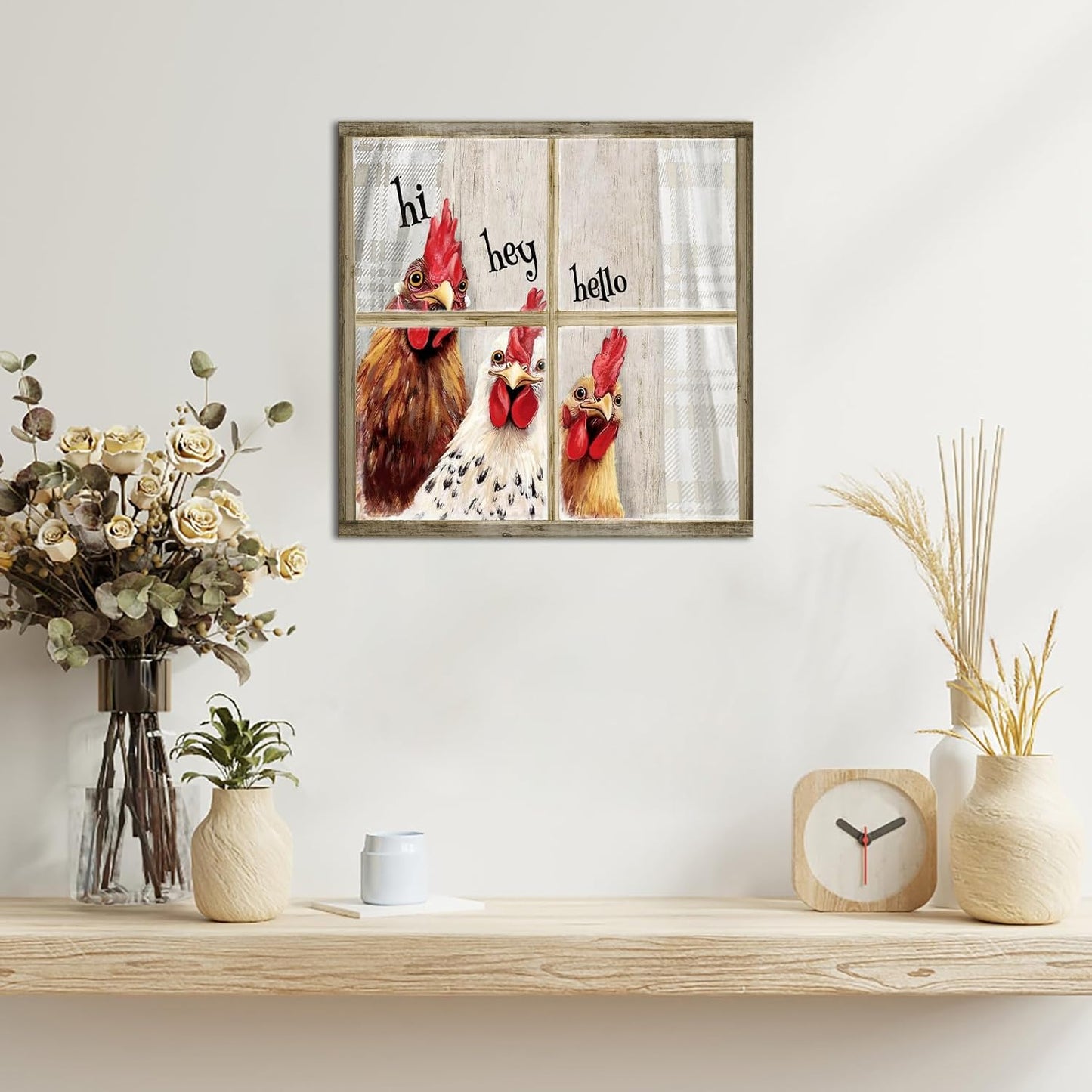 Visual Art Decor Funny Rooster Wall Art Chicken Picture Rustic Farmhouse Front Door Welcome Sign Framed 12x12 inch, Rustic Brown