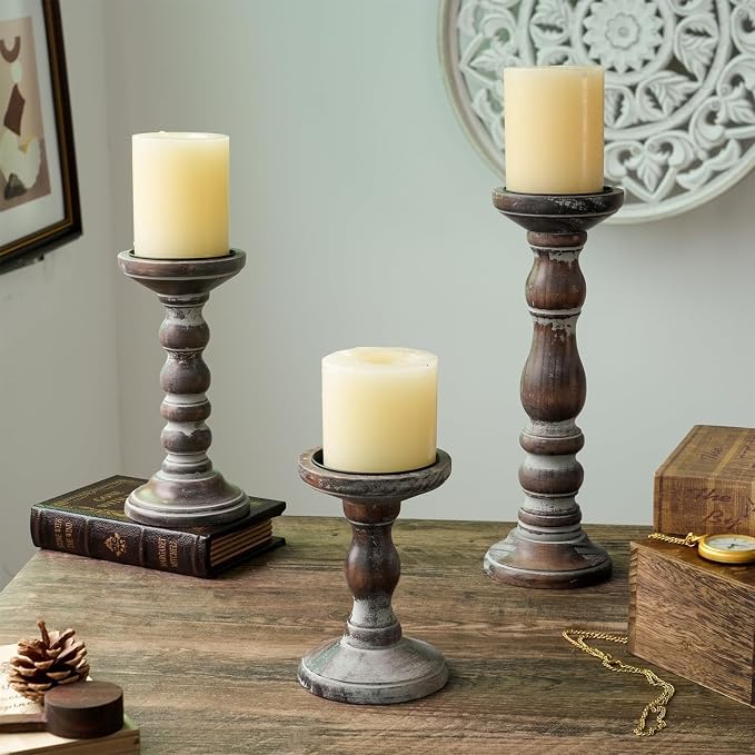 Wooden Pillar Candle Holder: Rustic Brown Candle Stand Wood Distressed Candleholders Farmhouse Fall Decor for Christmas Fireplace Mantle Dining Table Living Room Shelf Set of 3