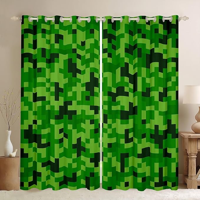 Green Pixelated Miner Curtains,Video Games Window Curtain for Teens Men Adult Games Room Decor,Gamepad Blackout Window Treatment Curtain Modern Geometric Check Window Drapes,2 Panels,52Wx96L