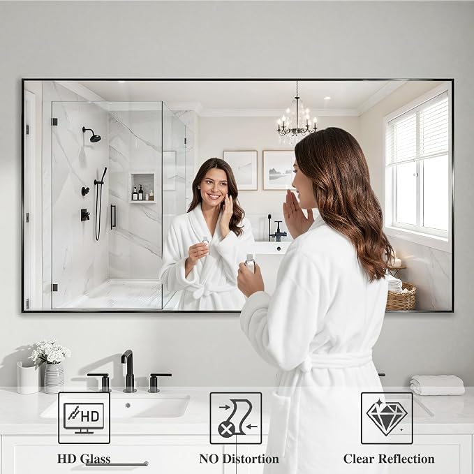 Koonmi Black Rectangle Wall Mirror, 36x40 Inch Bathroom Mirror, Aluminum Frame Vanity Mirror for Entryway, Living Room, Bedroom Bathroom, Hangs Horizontally or Vertically