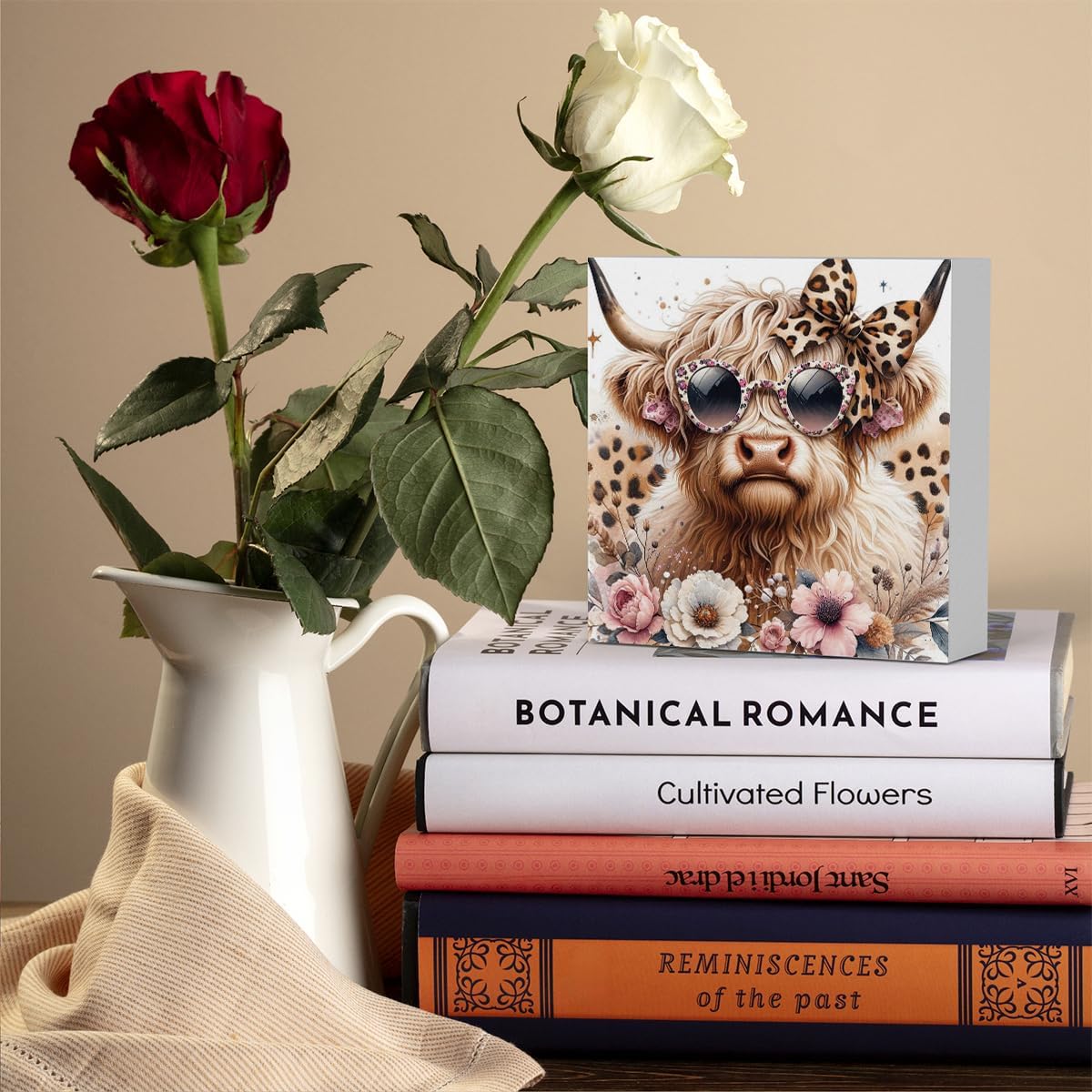 Highland Cow Decor, Highland Cow Gifts for women, Cow With Leopard Bow, Highland Cow Nursery Decor, Wooden Box Decor Sign for Home Farmhouse Office Living Room Table Shelf