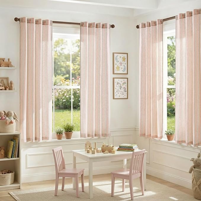 jinchan Linen Curtains 63 inch Candy Stripe for Kids Room Back Tab 2 Panels | Kids Curtains for Living Room Baby Girls Room,Ticking Stripe,Nursery Drapes, Window Treatments,Cottagecore,Light Filtering