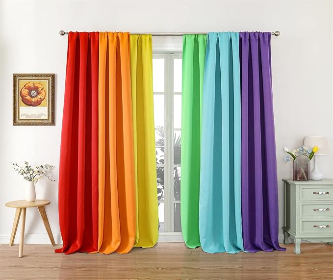 THOOO 6 Panel Blackout Rainbow Curtains for Bedroom & Living Room - 63 Inch Length, Room Darkening, Rod Pocket, Colorful Drapes in Red, Orange, Yellow, Green, Blue, Purple