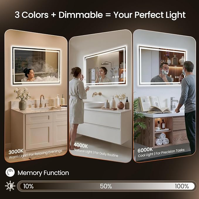 40X36 LED Bathroom Mirror with Lights, Anti-Fog, Backlit + Front Lit, Lighted Bathroom Vanity Mirror for Wall, Memory Function, Dimmable, Tempered Glass, Shatter-Proof