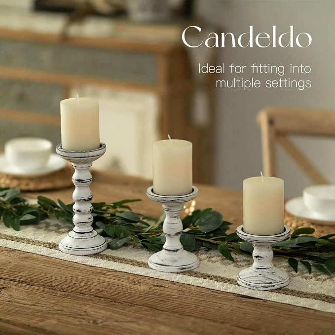 Candeldo Wood Candle Holders for Pillar, White Farmhouse Fireplace Decor | Set of 3, Table Centerpiece, Tall Shabby Chic Decor, Wooden Rustic Decorations for Mantle