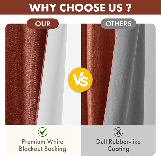 MIULEE 100% Blackout Linen Curtains for Bedroom 84 inches Long, Thermal Insulated Room Darkening Black Out Drapes for Living Room, Back Tab Rod Pocket, 2 Panels Set, 40 Wide x 84 Length, Terracotta