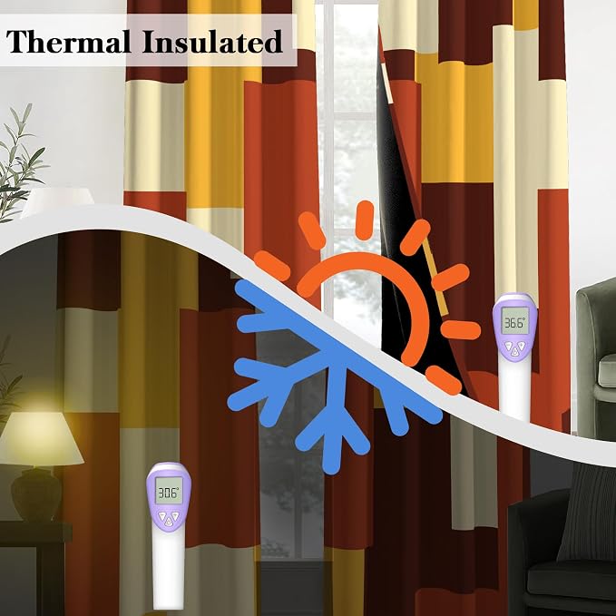 Tyrot Rust Burnt Orange 100% Blackout Curtains for Bedroom 63 inch Long 2 Panels Set Modern Abstract Geometric Black Out Curtains Insulated Room Darkening Window Drapes for Living Room, 52Wx63L
