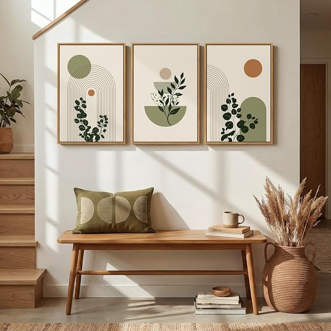 3 Piece Framed Abstract Boho Wall Art for Living Room, Large Sage Green Botanical Plant Canvas Artwork for Walls, Minimalist Geometric Prints Paintings for Bedroom Dining Room Hallway 16x24 Inch