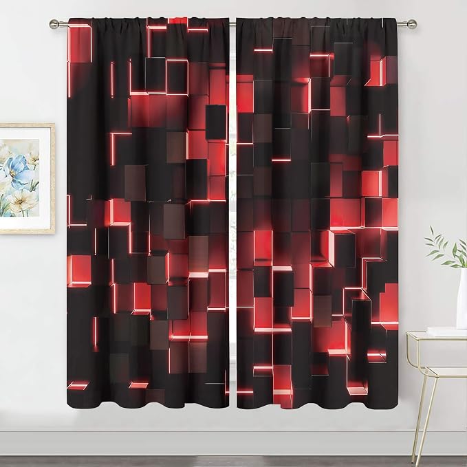 MESHELLY Red and Black Curtains 42Wx63H Inch Rod Pocket Abstract Curtains Modern 3D Gradient Design Geometric Cubes Bedroom Window Drapes Cool Man Boys Printed Living Room Window Fabric 2 Panels