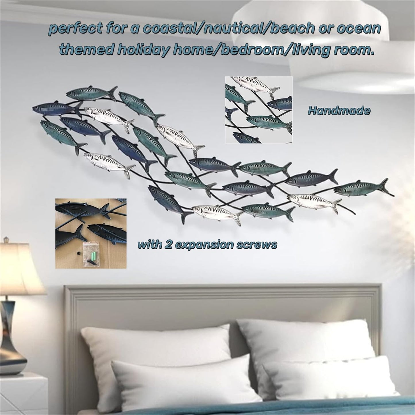 Coastal Metal Fish Wall Decor, Large Nautical Fish Wall Décor,School of 20 Fish Wall Art,3D Fish Wall Sculpture,Fish Metallic Art Decor,Perfect for Living Room,Bedroom,Beach Or Boat Decor,59" X 16.5"