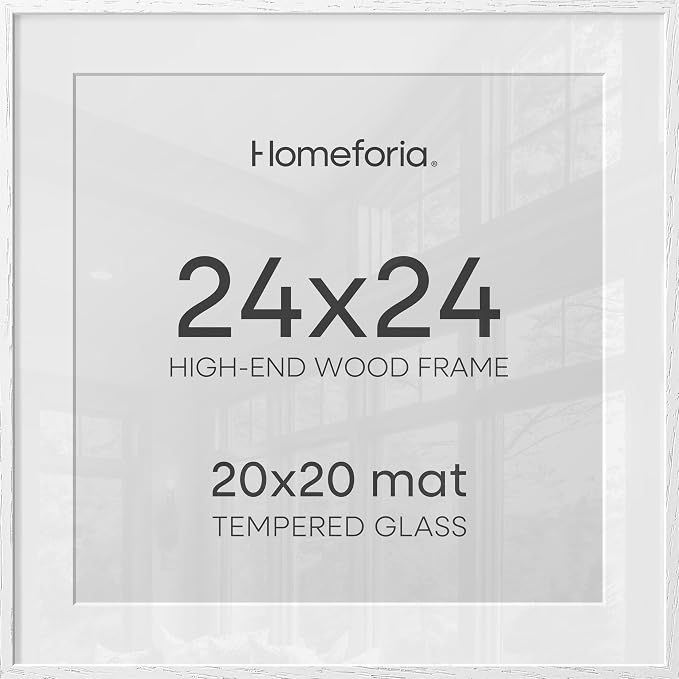 Homeforia 24x24 White Picture Frame, High End Oak 24 x 24 Square Wood Frames with Mat 20 by 20 inches Photo, 24by24 White Wooden Poster Frames Matted to 20x20 Print, Tempered Glass, Wall Kit, Set of 3