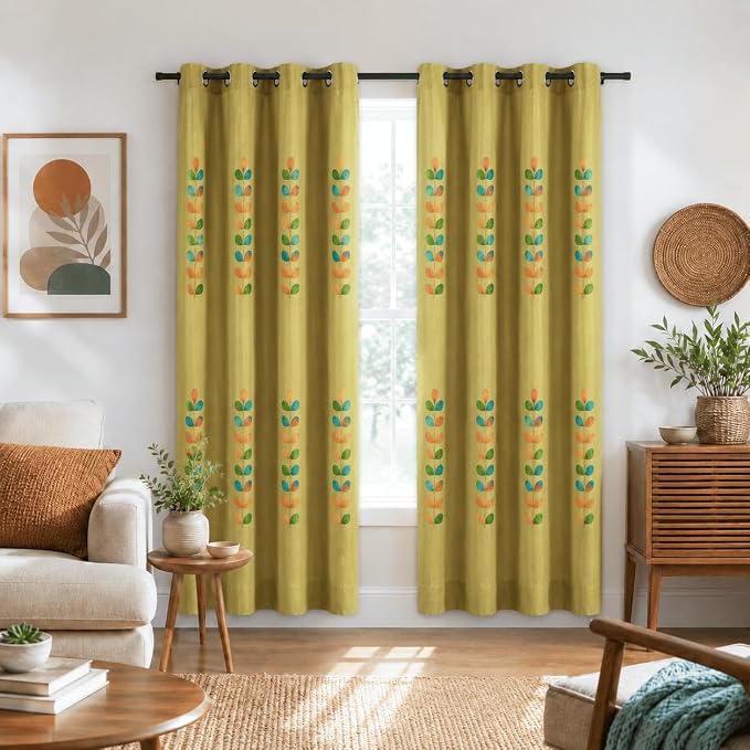 VOGOL Linen Curtains 63 Inch Length, Colorful Leaves Embroidered Kitchen Curtain, Top Grommet, 2 Panels, 52x63