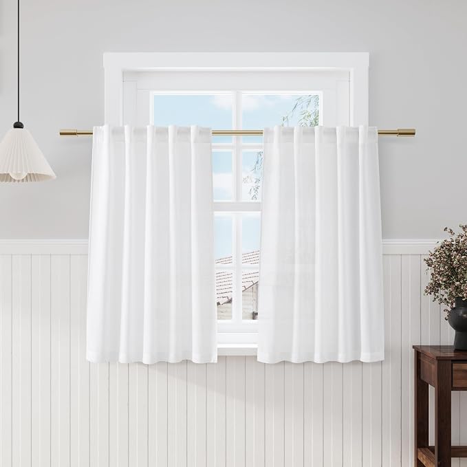 Nanspring White Curtains 45 Inch Long,2 Panel for Cafe Back Tab Pocket Semi Sheer Short Linen Narrow Mini Curtain Tiers for Kitchen Doors, Bedroom, Small Window Basement 36x45