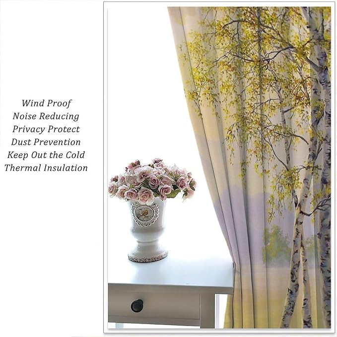 Forest Curtains, Yellow Countryside Nature Foggy Autumn River Birch Forest Falling Leaves Blackout Window Treatments, Thermally Insulated Drapes for Boys Girls Living Room Bedroom 52x84in