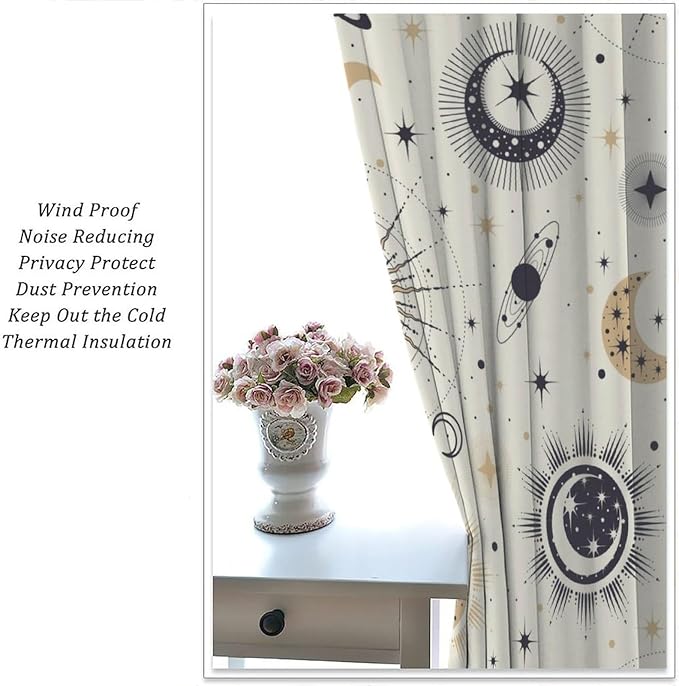 Sun Moon Blackout Window Curtains, Mystical Abstract Modern Boho Sun Moon Star Window Drapes, for Bedroom Living Room 52" W X 84" L