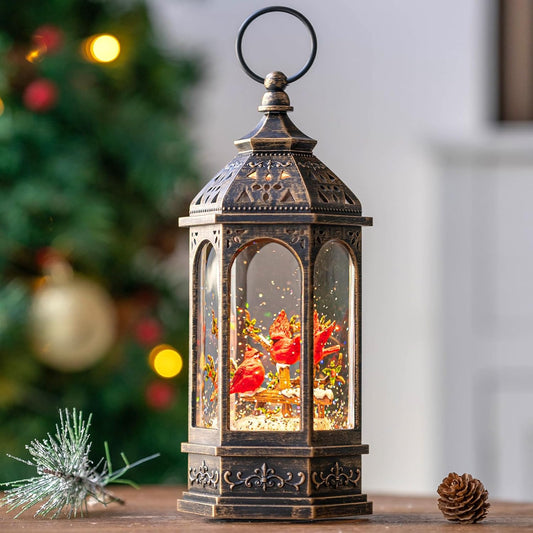 Christmas Snow Globe Lantern Water Glittering 10.5'' Cardinal with Music& Timer, USB Lined/Battery Operated Lighted Lantern for Christmas Festival Decoration Gifts