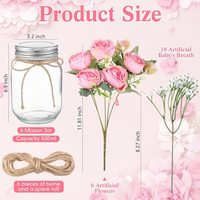 Zeyune 6 Sets Mason Jar Centerpiece Table Decorations, Artificial Peony Baby's Breath Flower Bouquets, Faux Flowers with Vase, Rustic Decor Gifts for Home, Wedding, Holiday (Coral Pink)