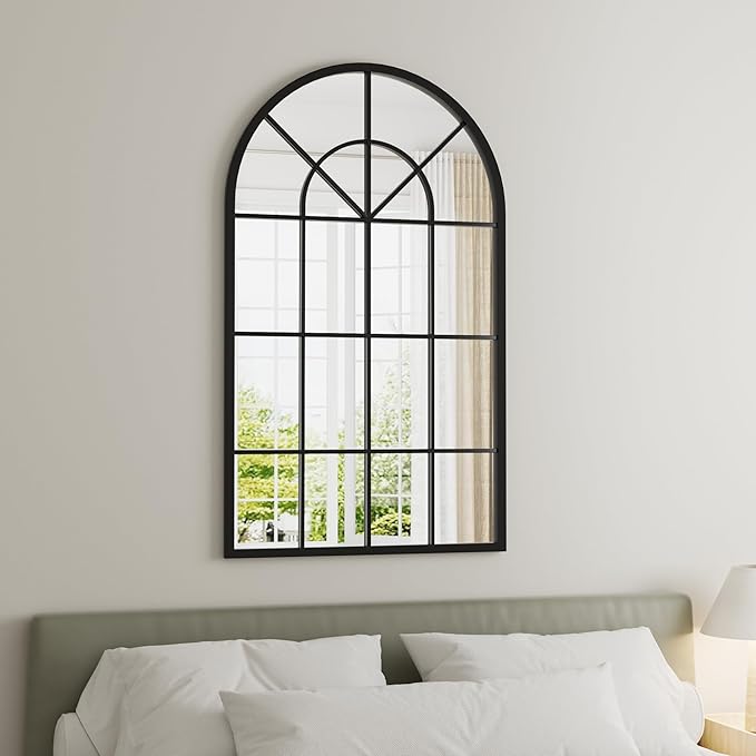 Dewfig Arch Wall Mirror Mounted Decorative, 30"x20", Arched Window Pane Mirror for Wall-Mounted for Entryway, Bathroom Vanity, Living Room or Bedroom, Iron Frame, Black