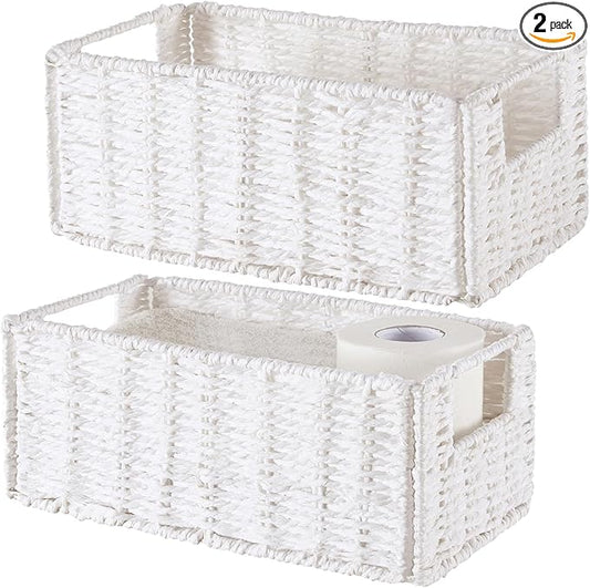 Vagusicc Wicker Storage Basket, Set of 2 Hand-Woven Paper Rope Wicker Basket, Small Storage Baskets for Organizing Toilet Paper Basket, Foldable Large Cube Storage Organizer Bins for Shelves (White)