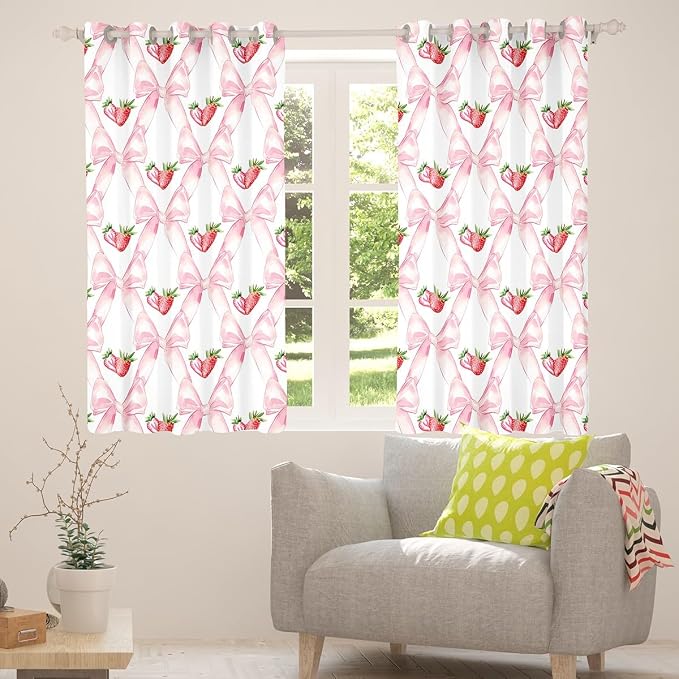 Erosebridal Strawberry Bow 52" Wx84 L Window Treatments Pink Kawaii Bowknot Curtain for Kids Girls Teen Women,Ribbon Bow Window Curtain Geometric Fruit Bowknot Curtains & Drapes