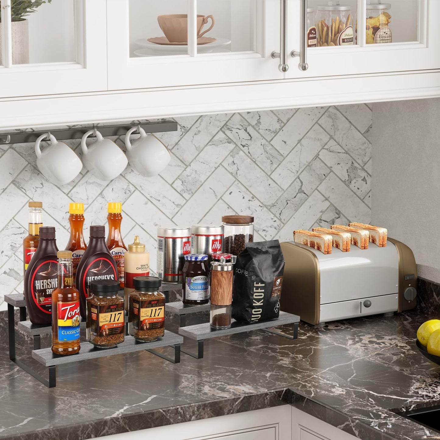 YINMIT Wooden Display Riser Stand, Tiered Perfume and Cologne Organizer Stand, 3 Tier Spice Rack Organizer, Rustic Display Shelf for Candles (3 Tier,2Pack,Grey)