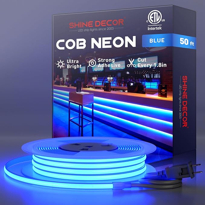 Shine Decor COB LED Rope Light AC 120V, 800lm Ultra Bright, IP65 Waterproof Cold-Resistant ETL Neon Strip, No Driver Tape Lighting for Home Commercial 10x4.5mm, Blue, 50ft