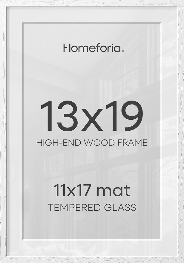 Homeforia 13x19 Picture Frame White, High End Oak 13x19 White Wood Frame with Mat 11x17 Photo, 13 x 19 Wooden Poster Frames Matted to 11 by 17, 19x13 Hanging Frames, Tempered Glass, Wall Kit, Set of 1