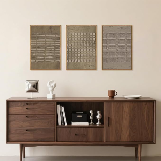 Large Abstract Brown Beige Framed Canvas Wall Art,Modern Lines Dots Wall Decor,Boho Neutral Minimalist Artwork,Mid Century Geometric Art Print for Living Room,Bedroom,Office- 16"x24"x3