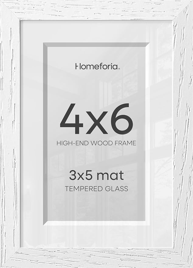 Homeforia White Picture Frames 4x6, High End Oak 4x6 Wooden Frame with Mat 3x5 Art, 4 x 6 White Wood Frames Matted to 3 x 5 inch Photo, 6by4 Wall or Tabletop Frame, Tempered Glass, Wall Kit, Set of 2