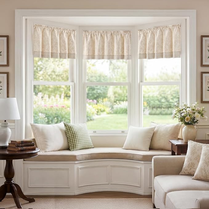 jinchan Linen Valance Curtain Farmhouse Floral Printed Small Window Curtain for Kitchen Rustic Light Filtering Valance for Living Room Bedroom Bathroom 18 Inch Rod Pocket 1 Panel Taupe on Beige