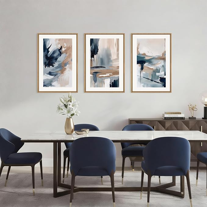 Abstract Navy Blue Framed Canvas Wall Art Set,Neutral Brush Stroke Wall Decor,Watercolor Pastel Brown Artwork,Modern Minimalist Color Block Art Print for Living Room,Bedroom,Office-24 x36 x3