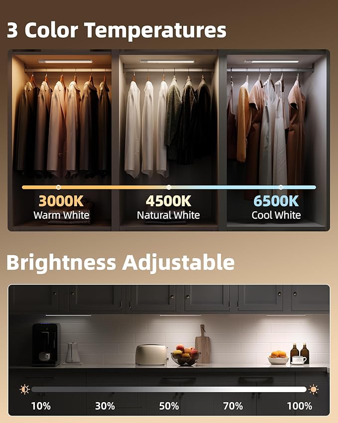 EZVALO 16.5-inch Under Cabinet Lighting, 4000mAh Rechargeable Motion Sensor Light Indoor, with Dimmable & 3 Color Temps, Magnetic Closet Lights, Wireless Under Counter Lights for Kitchen (4-Pack)