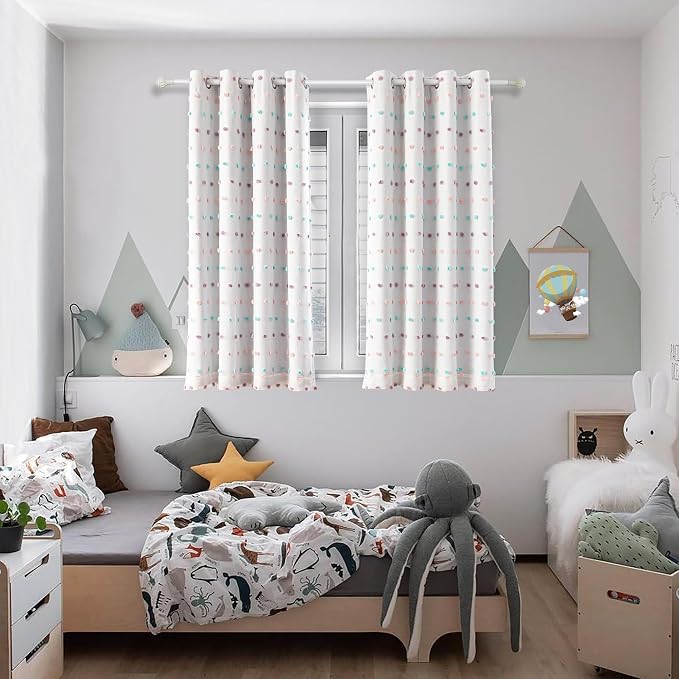 MYSKY HOME Cute Blackout Curtains for Kids Bedroom Nursery Curtains 100% Light Block Doubled Curtains with Rainbow Pom Pom Sheer Window Drapes Room Darkening Grommet Set of 2, 52 x 63 in