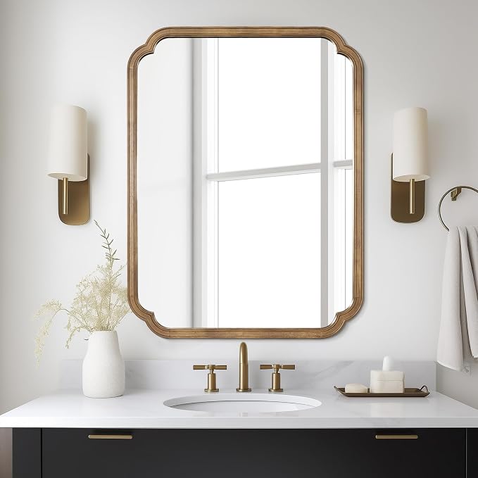 WallBeyond 28" x 40" Rounded Corner Arch Wall Mirror with Wood Frame for Entryway, Living Room or Bedroom Home Decor - Light Woodgrain, Honey-Colored