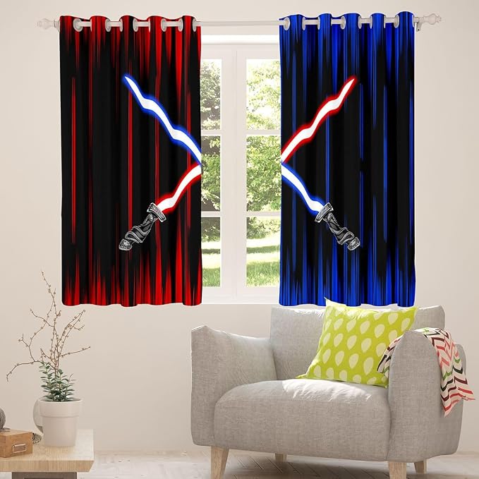 Feelyou Lightsaber Curtains for Living Room (2 Panels, 42 x 90 Inch) Kids Blue Red Ombre Blackout Curtains Boys Teens Lightsaber Grommet Darkening Drapes Future Technology Window Treatments