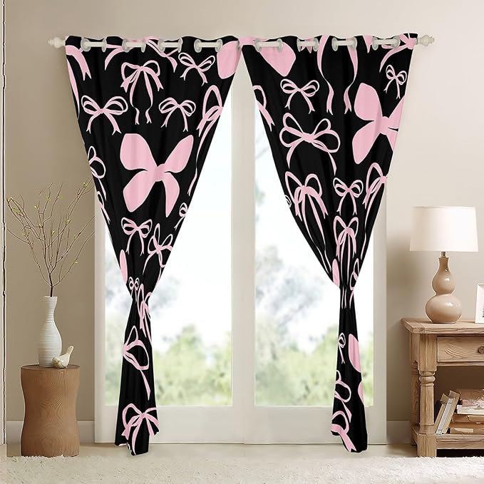 Feelyou Room Darkening Bow Blackout Curtains (2 Panels, 38 x 54 Inch) - Black Pink for Girls Bedroom Living Room, Cute Kawaii Bowknot Window Treatments