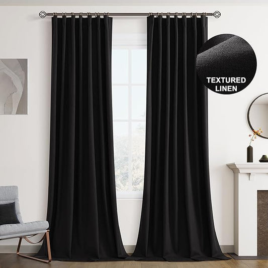 Joywell 100% Blackout Linen Curtains 108 Inches Long for Large Bedroom Window Black Out Curtain Back Tab Hook Belt Noise Reduction Drapes Floor to Ceiling 2 Panels Set,W52 x L108,Black