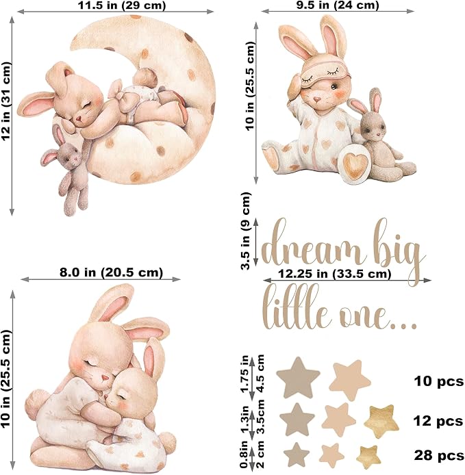 Nursery Wall Stickers, Baby Girl Room Decor, Bunny Wall Decal, Boho Toddler Decor, Beige Peel and Stick Animal Decals for Nursery or Girls Bedroom.