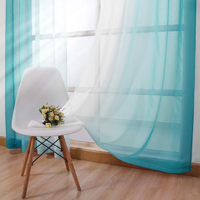 DWCN Ombre Sheer Curtains - Faux Linen Gradient Semi Voile Grommet Top Bedroom and Living Room Curtains, Set of 2 Window Curtain Panels, 42 x 84 Inches Long, Teal